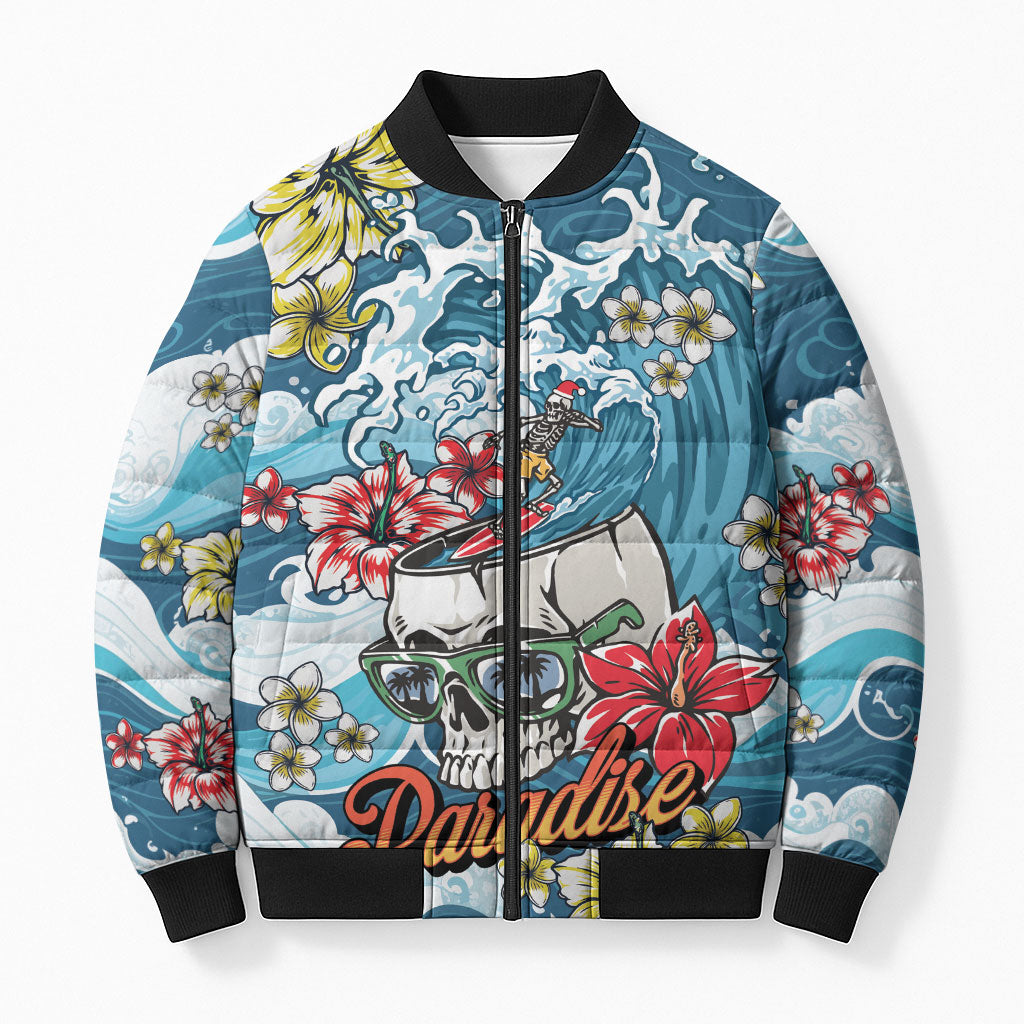 Hawaii Santa Skeleton Surfing Personalized Bomber Puffer Jacket Mele Kalikimaka i Iulai! LT9 Unisex Blue - Polynesian Pride