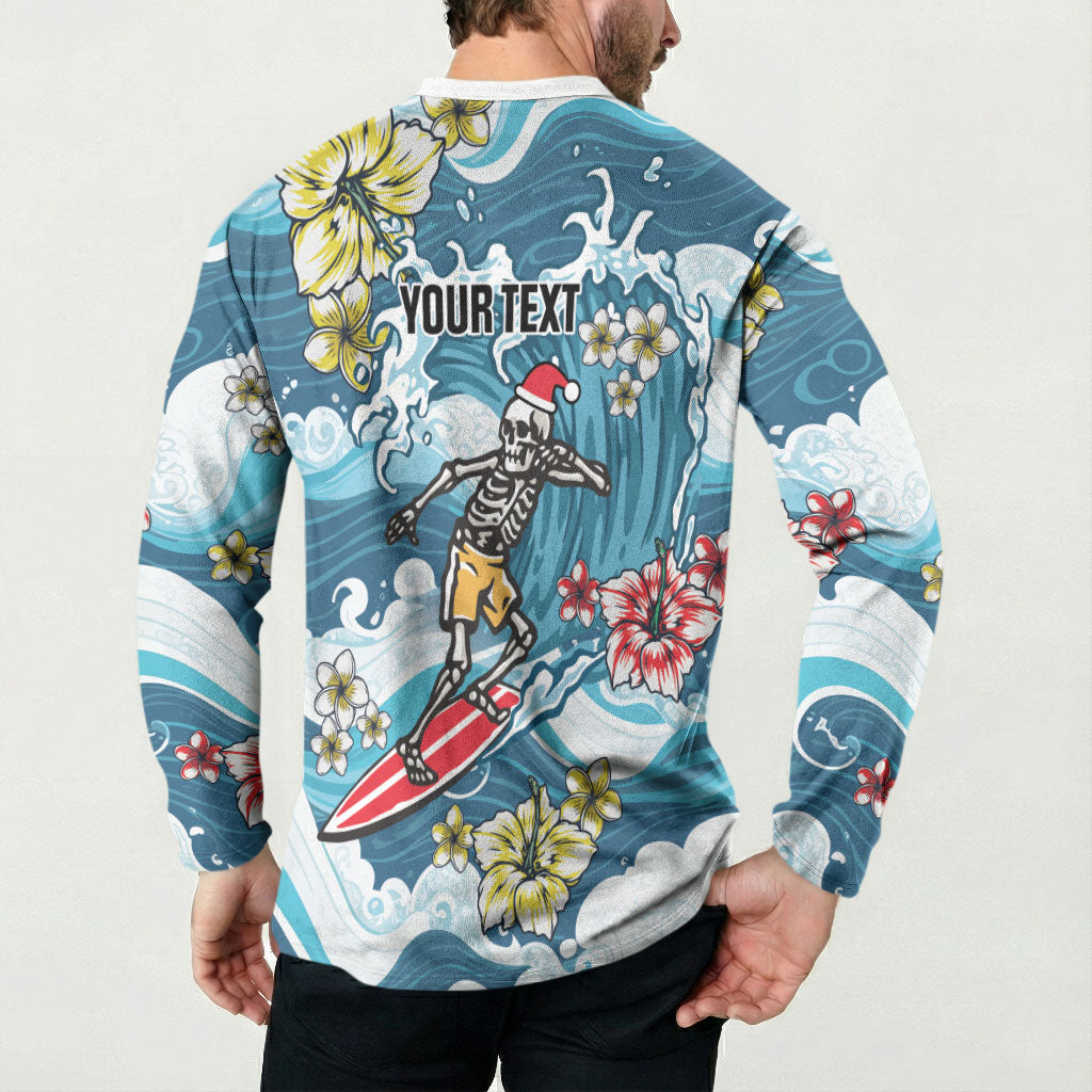 Hawaii Santa Skeleton Surfing Personalized Button Sweatshirt Mele Kalikimaka i Iulai! LT9 - Polynesian Pride