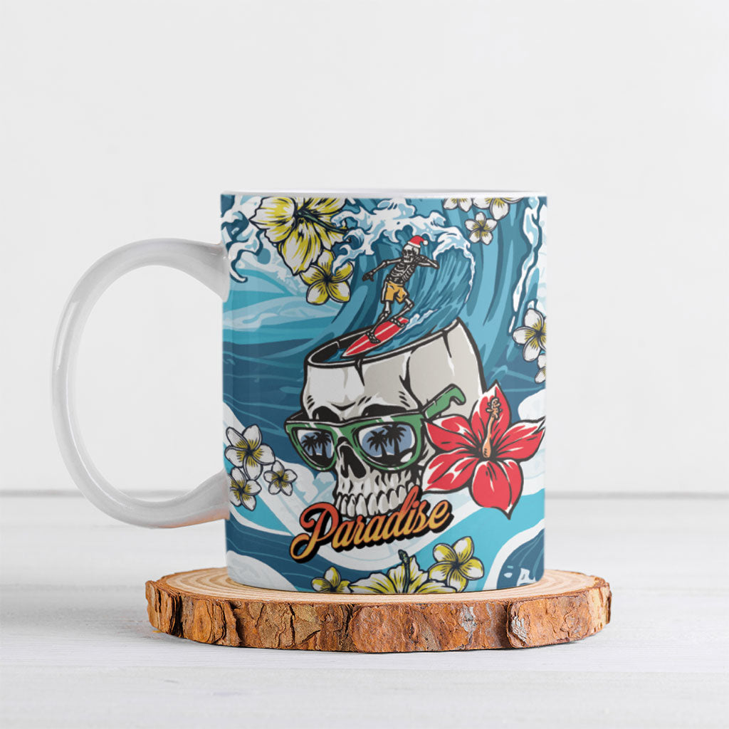 Hawaii Santa Skeleton Surfing Personalized Ceramic Mug Mele Kalikimaka i Iulai! LT9 Blue - Polynesian Pride