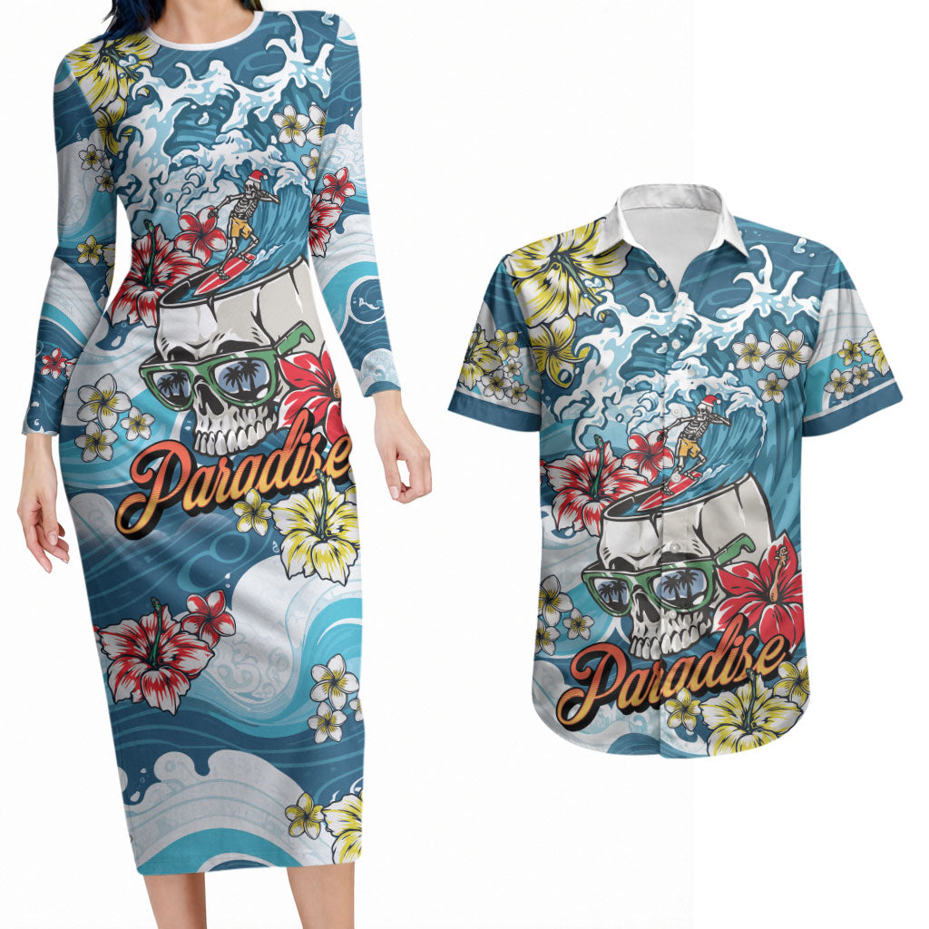 Hawaii Santa Skeleton Surfing Personalized Couples Matching Long Sleeve Bodycon Dress and Hawaiian Shirt Mele Kalikimaka i Iulai! LT9 Blue - Polynesian Pride