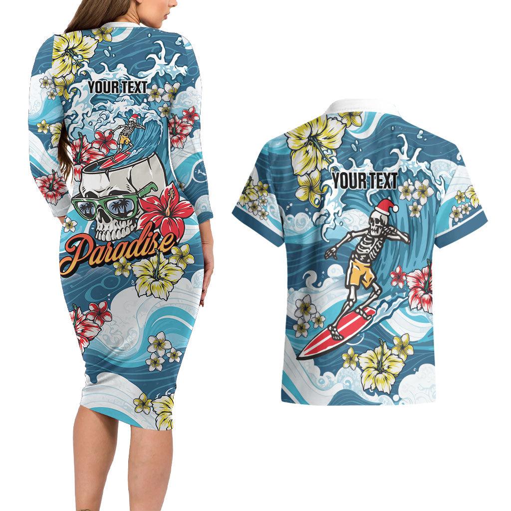 Hawaii Santa Skeleton Surfing Personalized Couples Matching Long Sleeve Bodycon Dress and Hawaiian Shirt Mele Kalikimaka i Iulai!