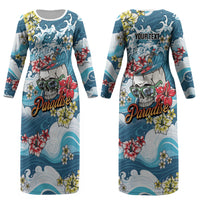 Hawaii Santa Skeleton Surfing Personalized Couples Matching Long Sleeve Bodycon Dress and Hawaiian Shirt Mele Kalikimaka i Iulai! LT9 - Polynesian Pride
