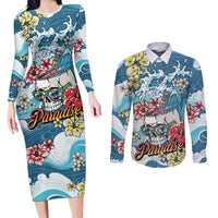 Hawaii Santa Skeleton Surfing Personalized Couples Matching Long Sleeve Bodycon Dress and Long Sleeve Button Shirt Mele Kalikimaka i Iulai!