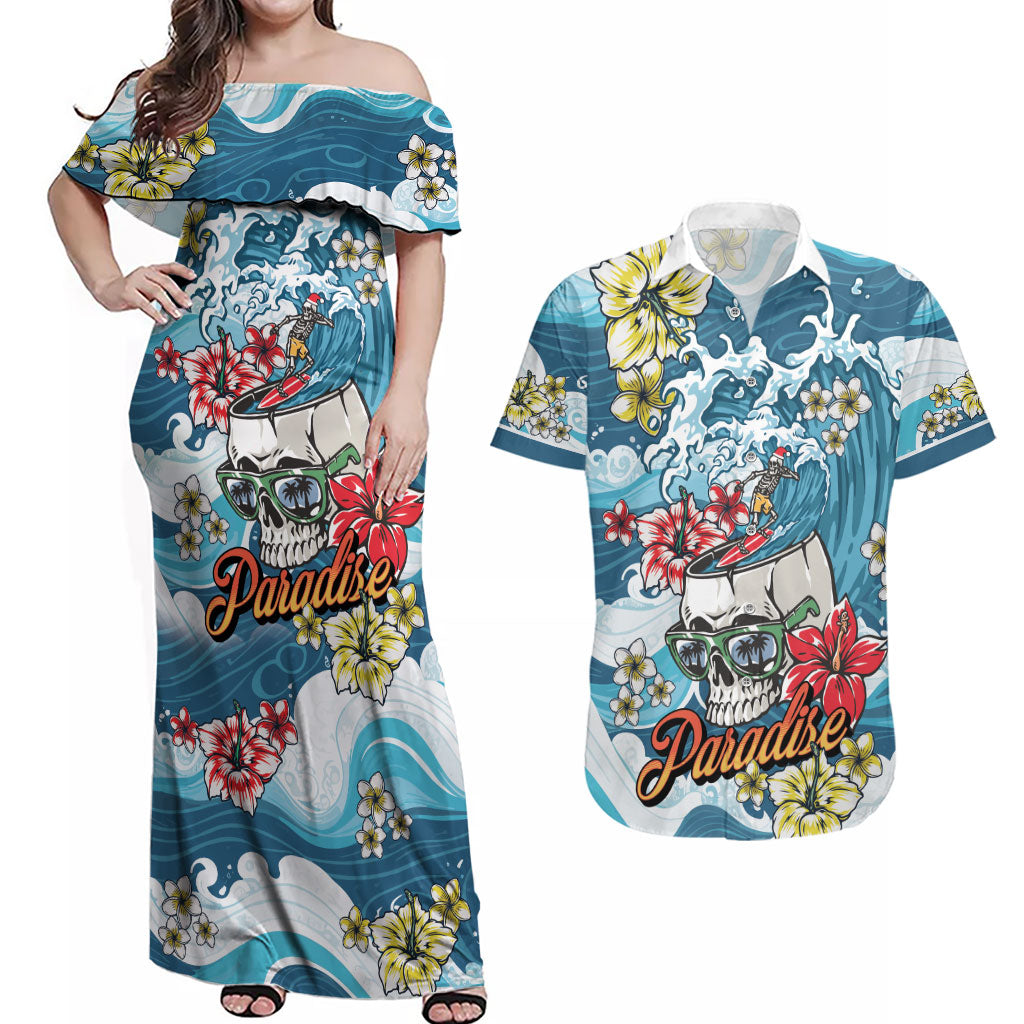 Hawaii Santa Skeleton Surfing Personalized Couples Matching Off Shoulder Maxi Dress and Hawaiian Shirt Mele Kalikimaka i Iulai!