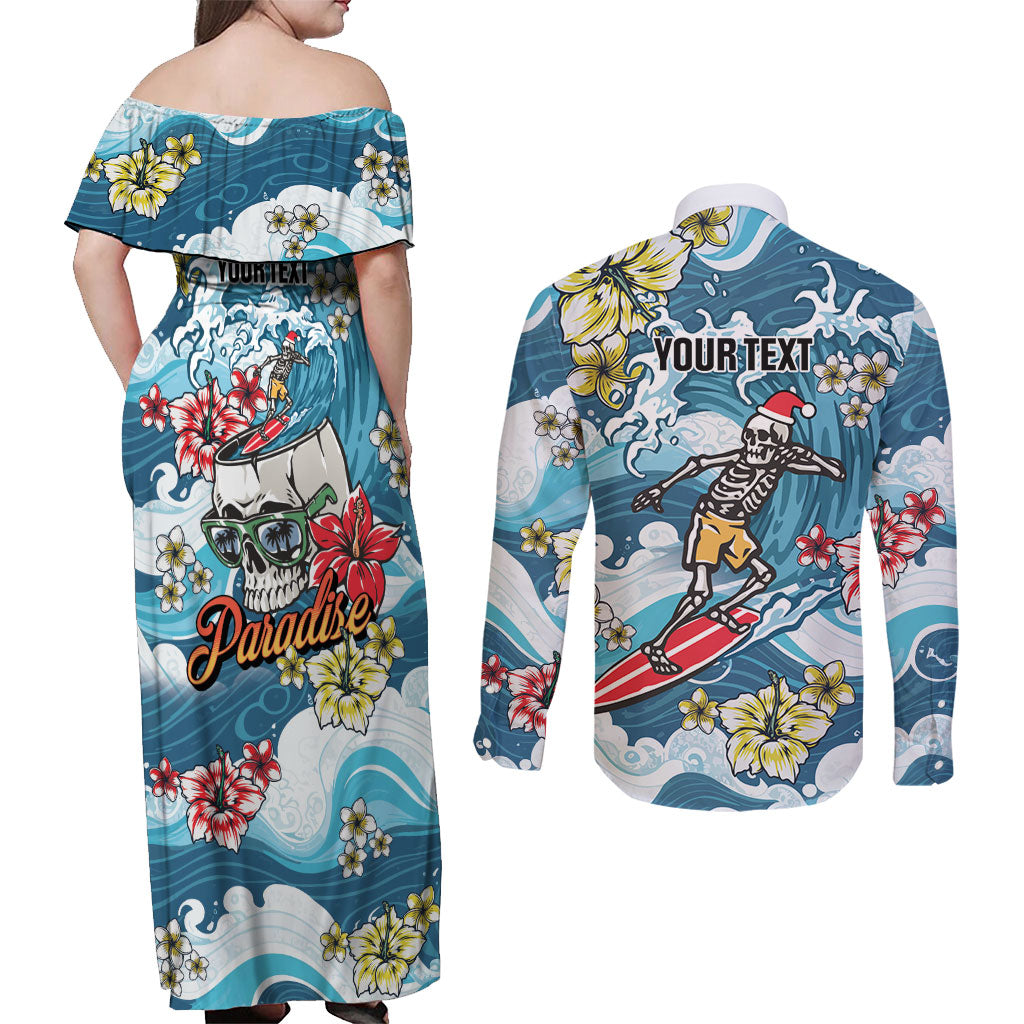 Hawaii Santa Skeleton Surfing Personalized Couples Matching Off Shoulder Maxi Dress and Long Sleeve Button Shirt Mele Kalikimaka i Iulai!