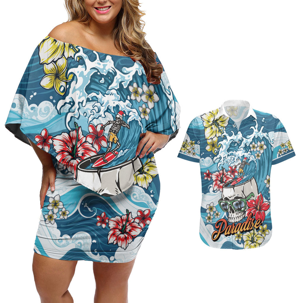 Hawaii Santa Skeleton Surfing Personalized Couples Matching Off Shoulder Short Dress and Hawaiian Shirt Mele Kalikimaka i Iulai!