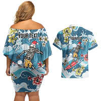 Hawaii Santa Skeleton Surfing Personalized Couples Matching Off Shoulder Short Dress and Hawaiian Shirt Mele Kalikimaka i Iulai!
