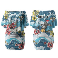 Hawaii Santa Skeleton Surfing Personalized Couples Matching Off Shoulder Short Dress and Long Sleeve Button Shirt Mele Kalikimaka i Iulai! LT9 - Polynesian Pride