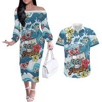 Hawaii Santa Skeleton Surfing Personalized Couples Matching Off The Shoulder Long Sleeve Dress and Hawaiian Shirt Mele Kalikimaka i Iulai!