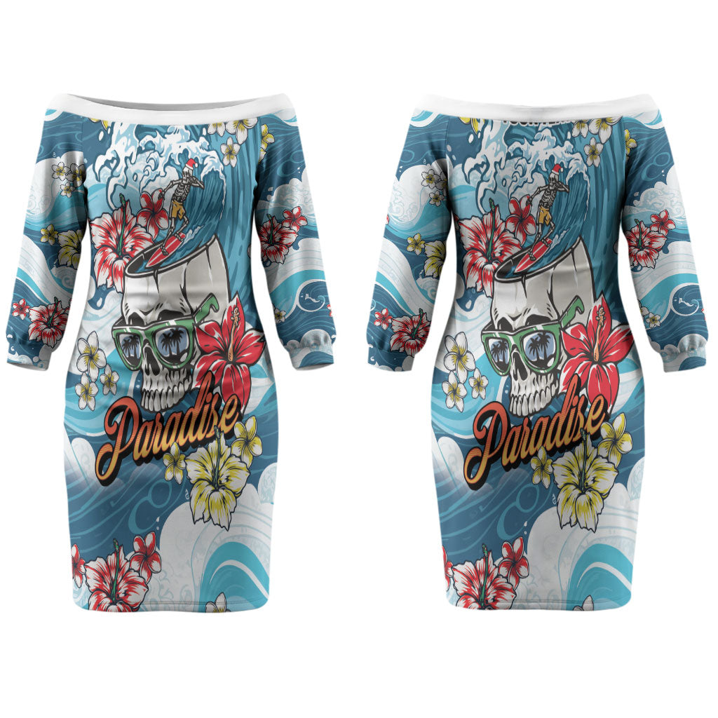 Hawaii Santa Skeleton Surfing Personalized Couples Matching Off The Shoulder Long Sleeve Dress and Hawaiian Shirt Mele Kalikimaka i Iulai! LT9 - Polynesian Pride