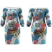 Hawaii Santa Skeleton Surfing Personalized Couples Matching Off The Shoulder Long Sleeve Dress and Hawaiian Shirt Mele Kalikimaka i Iulai! LT9 - Polynesian Pride