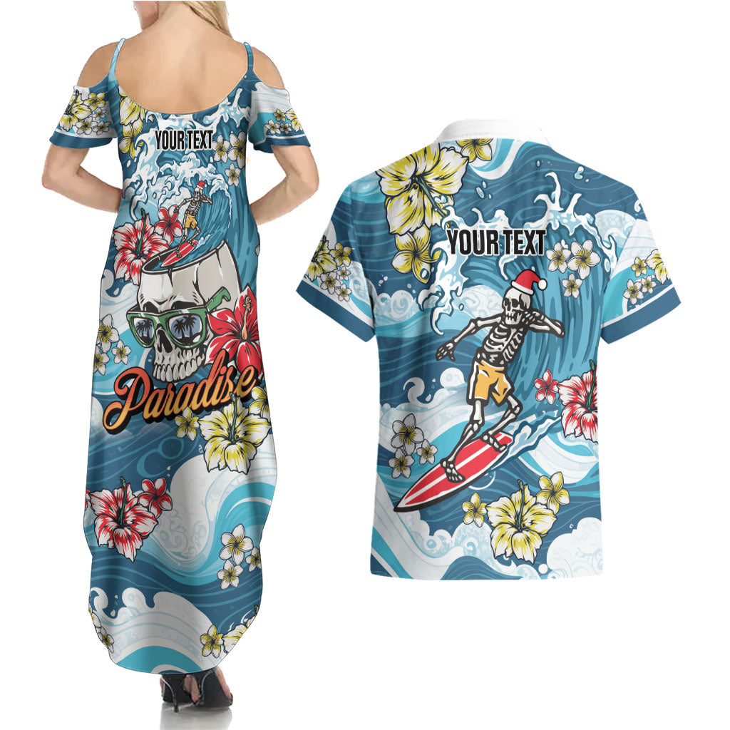 Hawaii Santa Skeleton Surfing Personalized Couples Matching Summer Maxi Dress and Hawaiian Shirt Mele Kalikimaka i Iulai!