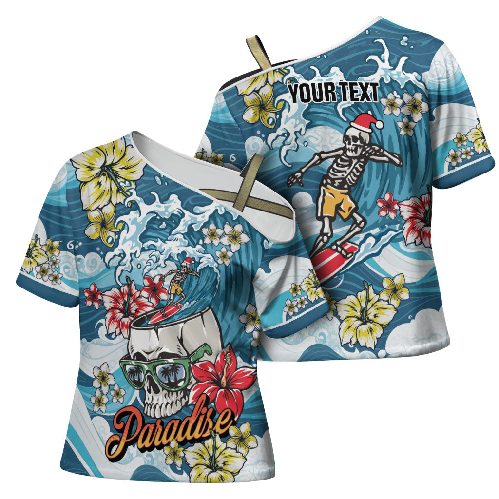 Hawaii Santa Skeleton Surfing Personalized Cross Shoulder Shirt Mele Kalikimaka i Iulai! LT9 - Polynesian Pride