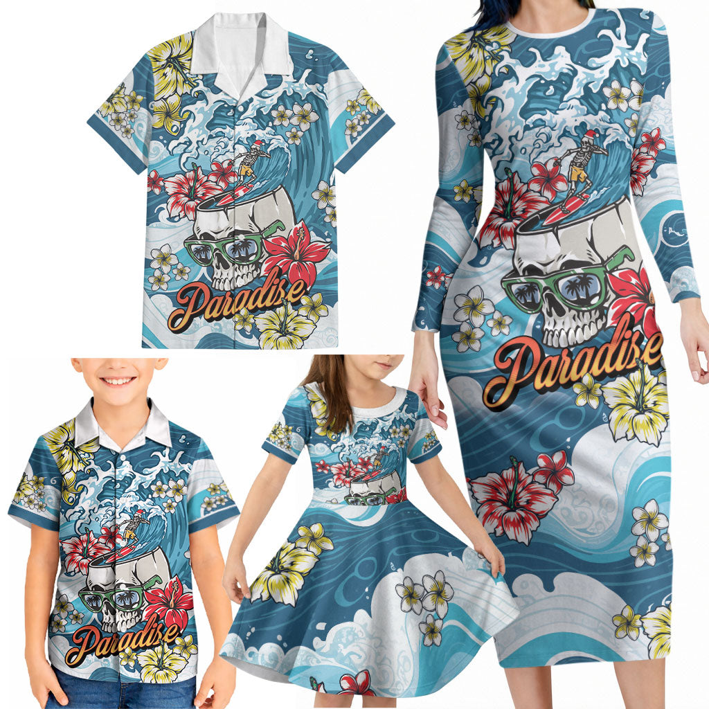 Hawaii Santa Skeleton Surfing Personalized Family Matching Long Sleeve Bodycon Dress and Hawaiian Shirt Mele Kalikimaka i Iulai! LT9 - Polynesian Pride