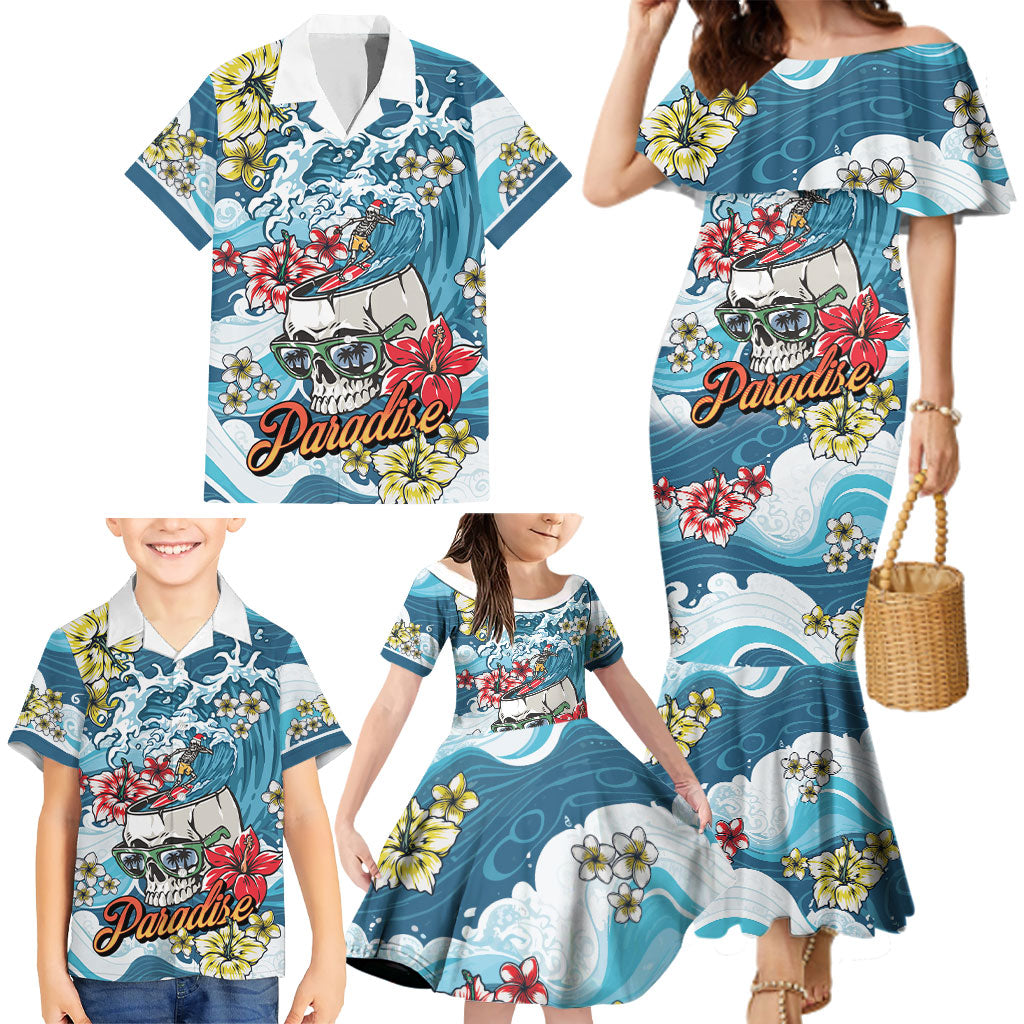 Hawaii Santa Skeleton Surfing Personalized Family Matching Mermaid Dress and Hawaiian Shirt Mele Kalikimaka i Iulai!