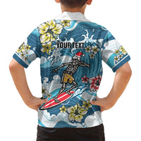 Hawaii Santa Skeleton Surfing Personalized Family Matching Off The Shoulder Long Sleeve Dress and Hawaiian Shirt Mele Kalikimaka i Iulai!