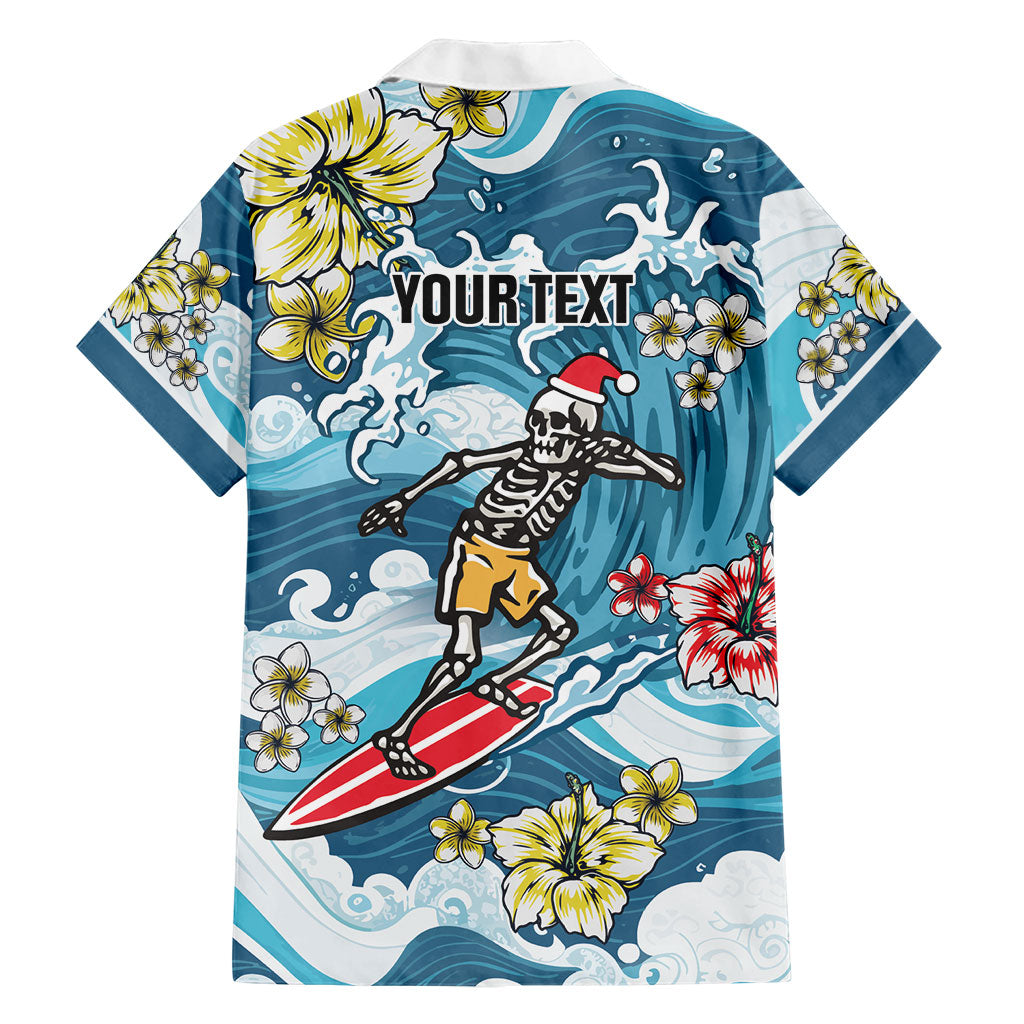 Hawaii Santa Skeleton Surfing Personalized Family Matching Off The Shoulder Long Sleeve Dress and Hawaiian Shirt Mele Kalikimaka i Iulai!