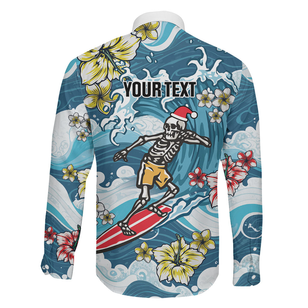 Hawaii Santa Skeleton Surfing Personalized Family Matching Off The Shoulder Long Sleeve Dress and Hawaiian Shirt Mele Kalikimaka i Iulai!