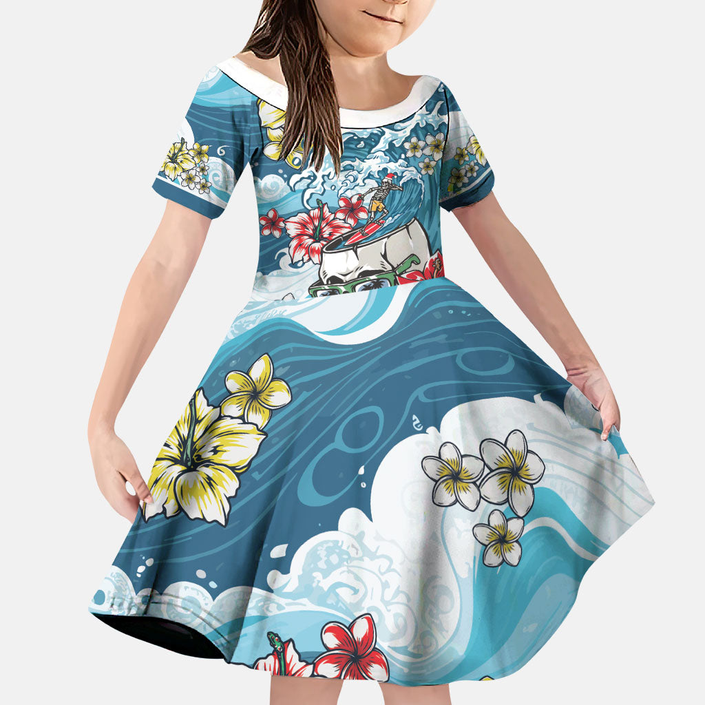 Hawaii Santa Skeleton Surfing Personalized Family Matching Off Shoulder Short Dress and Hawaiian Shirt Mele Kalikimaka i Iulai!