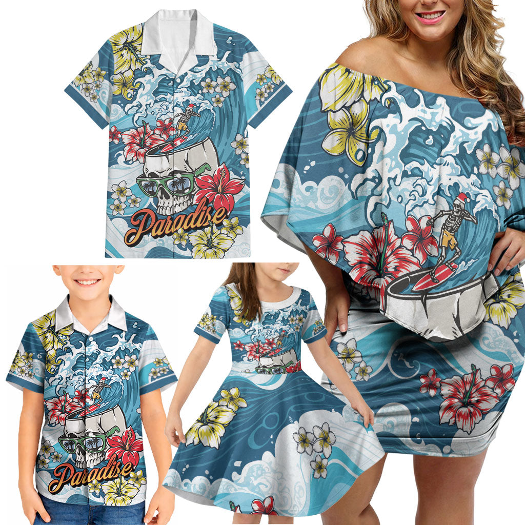 Hawaii Santa Skeleton Surfing Personalized Family Matching Off Shoulder Short Dress and Hawaiian Shirt Mele Kalikimaka i Iulai! LT9 - Polynesian Pride