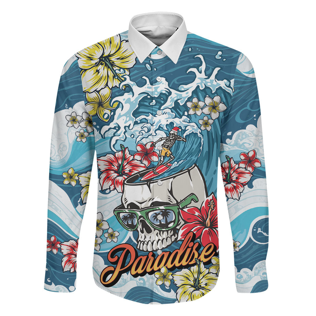Hawaii Santa Skeleton Surfing Personalized Family Matching Off Shoulder Short Dress and Hawaiian Shirt Mele Kalikimaka i Iulai!