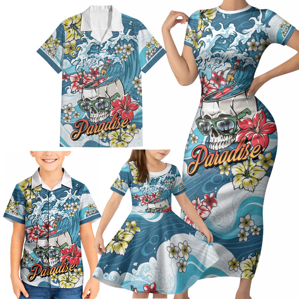 Hawaii Santa Skeleton Surfing Personalized Family Matching Short Sleeve Bodycon Dress and Hawaiian Shirt Mele Kalikimaka i Iulai! LT9 - Polynesian Pride
