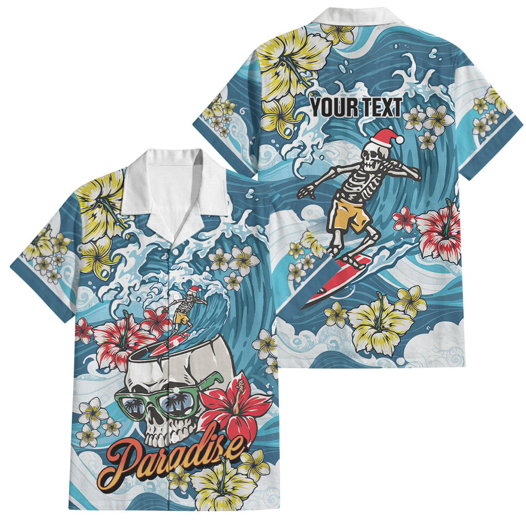 Hawaii Santa Skeleton Surfing Personalized Family Matching Tank Maxi Dress and Hawaiian Shirt Mele Kalikimaka i Iulai! LT9 Dad's Shirt - Short Sleeve Blue - Polynesian Pride