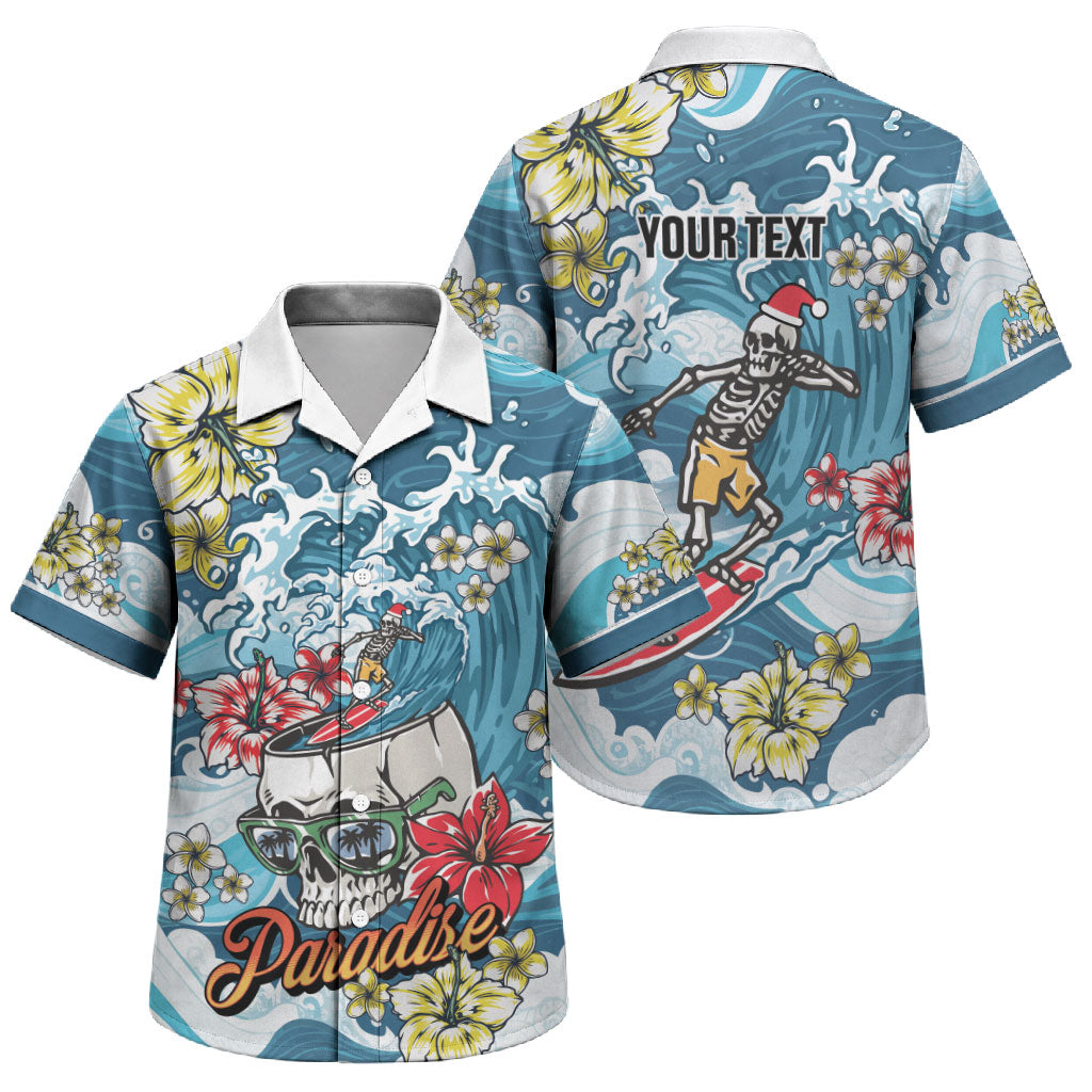 Hawaii Santa Skeleton Surfing Personalized Family Matching Tank Maxi Dress and Hawaiian Shirt Mele Kalikimaka i Iulai! LT9 Son's Shirt Blue - Polynesian Pride
