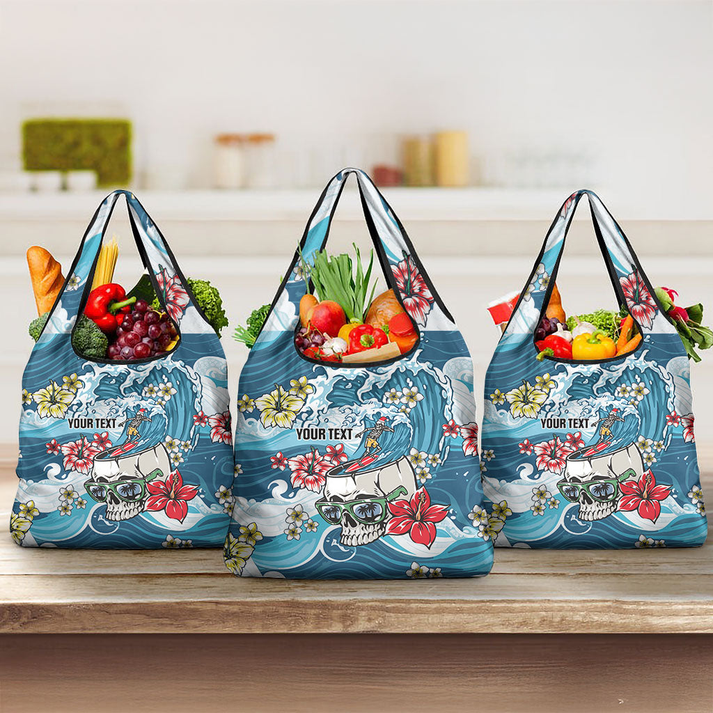 Hawaii Santa Skeleton Surfing Personalized Grocery Bag Mele Kalikimaka i Iulai! LT9 3-pack One Size Blue - Polynesian Pride