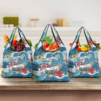 Hawaii Santa Skeleton Surfing Personalized Grocery Bag Mele Kalikimaka i Iulai! LT9 3-pack One Size Blue - Polynesian Pride