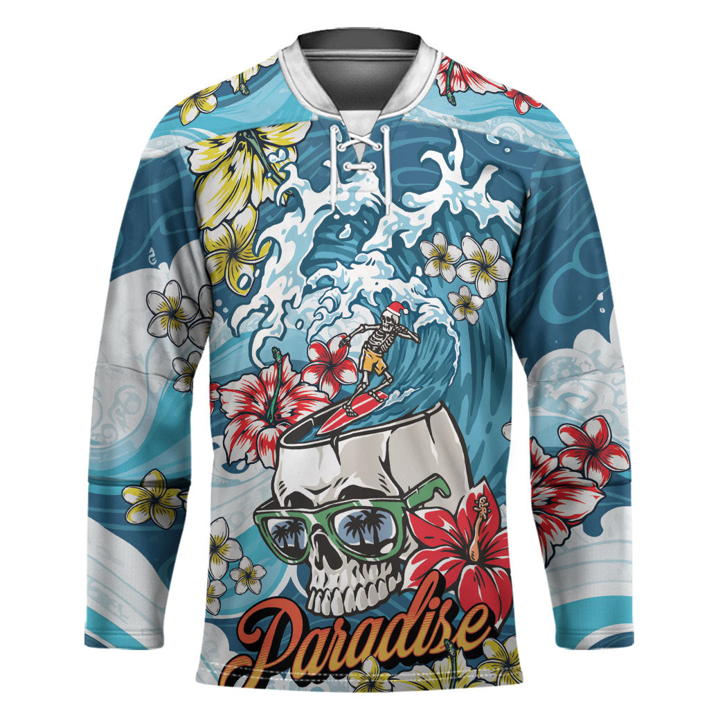 Hawaii Santa Skeleton Surfing Personalized Hockey Jersey Mele Kalikimaka i Iulai! LT9 Unisex Blue - Polynesian Pride