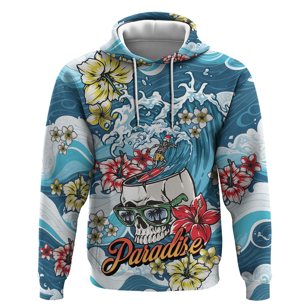 Hawaii Santa Skeleton Surfing Personalized Hoodie Mele Kalikimaka i Iulai! LT9 Pullover Hoodie Blue - Polynesian Pride