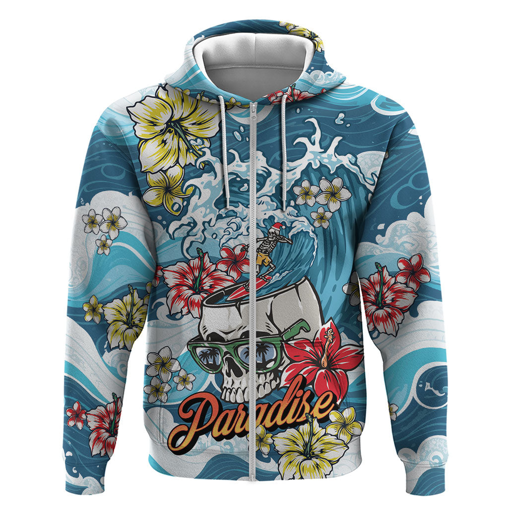 Hawaii Santa Skeleton Surfing Personalized Hoodie Mele Kalikimaka i Iulai! LT9 Zip Hoodie Blue - Polynesian Pride