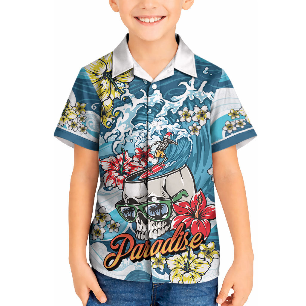 Hawaii Santa Skeleton Surfing Personalized Kid Hawaiian Shirt Mele Kalikimaka i Iulai! LT9 Kid Blue - Polynesian Pride