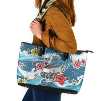 Hawaii Santa Skeleton Surfing Personalized Leather Tote Bag Mele Kalikimaka i Iulai! LT9 Blue - Polynesian Pride