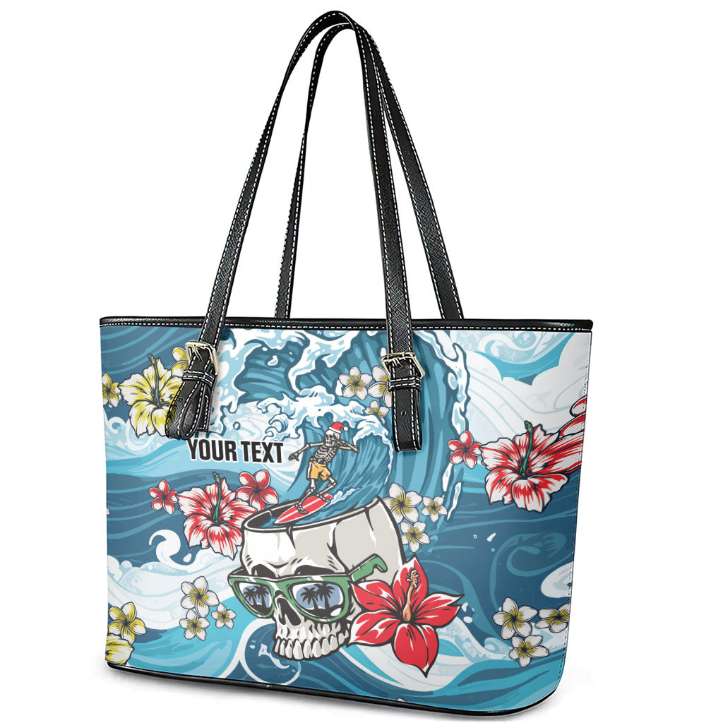 Hawaii Santa Skeleton Surfing Personalized Leather Tote Bag Mele Kalikimaka i Iulai! LT9 - Polynesian Pride