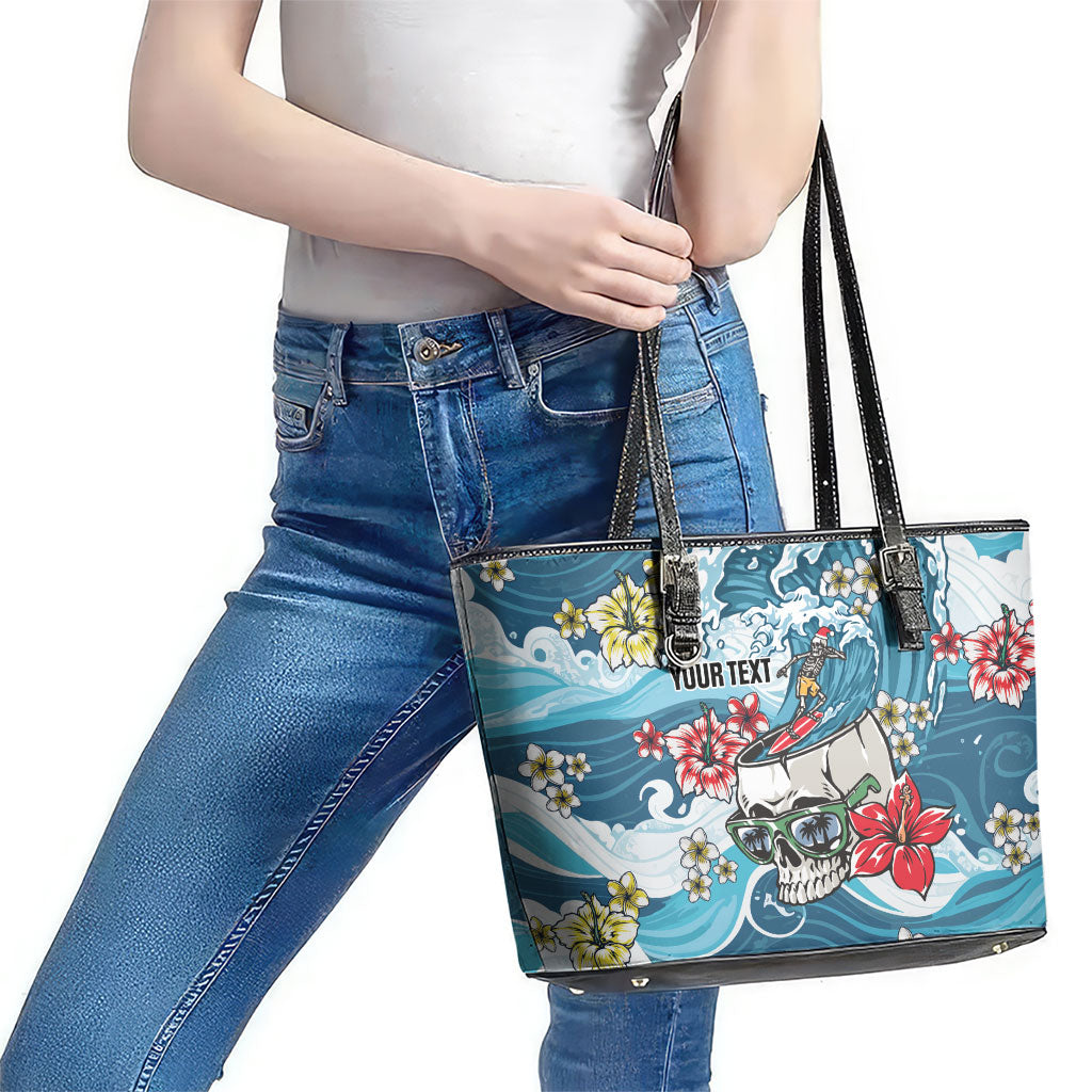 Hawaii Santa Skeleton Surfing Personalized Leather Tote Bag Mele Kalikimaka i Iulai! LT9 - Polynesian Pride