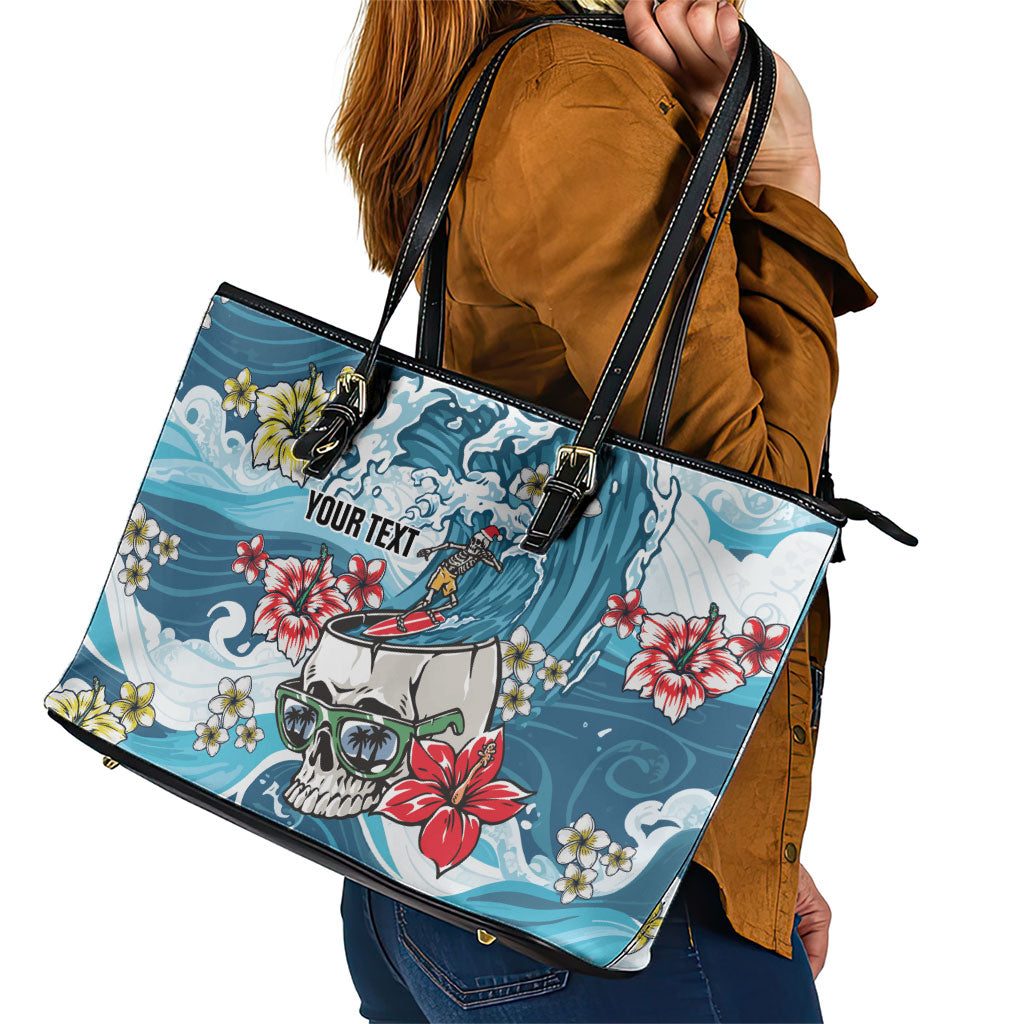Hawaii Santa Skeleton Surfing Personalized Leather Tote Bag Mele Kalikimaka i Iulai! LT9 - Polynesian Pride