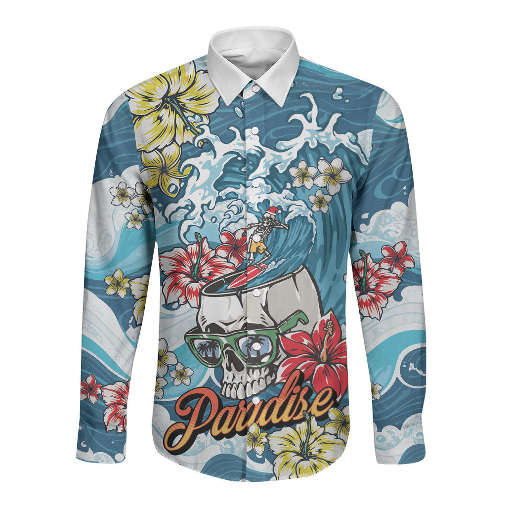Hawaii Santa Skeleton Surfing Personalized Long Sleeve Button Shirt Mele Kalikimaka i Iulai! LT9 Unisex Blue - Polynesian Pride