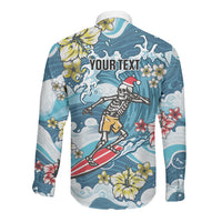 Hawaii Santa Skeleton Surfing Personalized Long Sleeve Button Shirt Mele Kalikimaka i Iulai! LT9 - Polynesian Pride