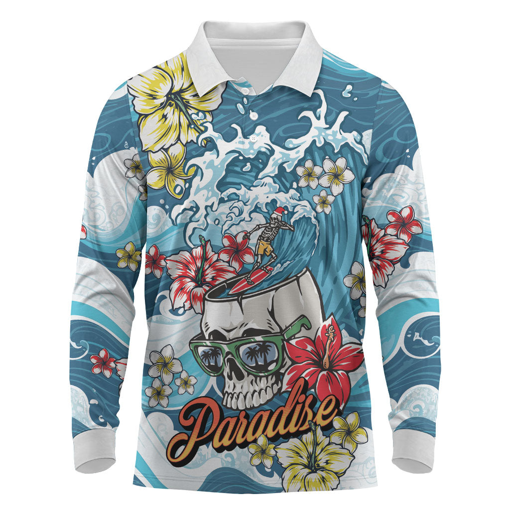 Hawaii Santa Skeleton Surfing Personalized Long Sleeve Polo Shirt Mele Kalikimaka i Iulai!