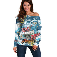 Hawaii Santa Skeleton Surfing Personalized Off Shoulder Sweater Mele Kalikimaka i Iulai! LT9 Women Blue - Polynesian Pride