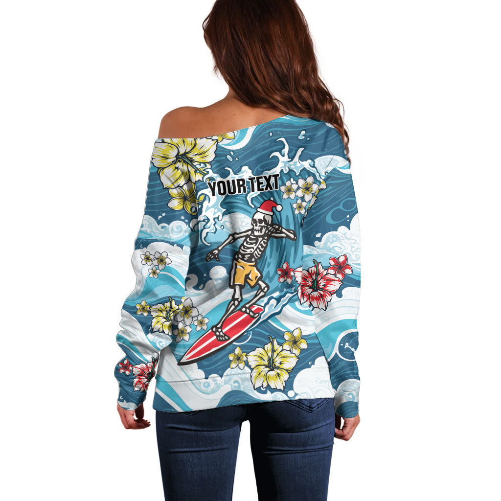 Hawaii Santa Skeleton Surfing Personalized Off Shoulder Sweater Mele Kalikimaka i Iulai! LT9 - Polynesian Pride