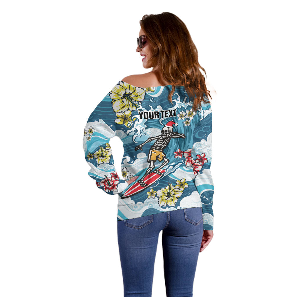 Hawaii Santa Skeleton Surfing Personalized Off Shoulder Sweater Mele Kalikimaka i Iulai! LT9 - Polynesian Pride