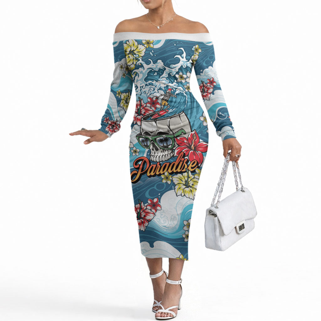 Hawaii Santa Skeleton Surfing Personalized Off The Shoulder Long Sleeve Dress Mele Kalikimaka i Iulai! LT9 Women Blue - Polynesian Pride