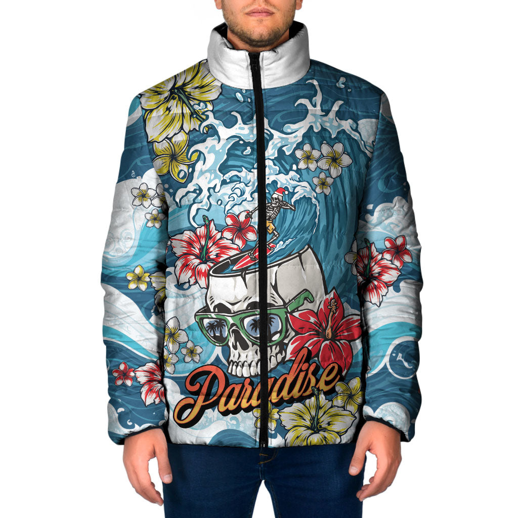 Hawaii Santa Skeleton Surfing Personalized Padded Jacket Mele Kalikimaka i Iulai! LT9 Men Blue - Polynesian Pride