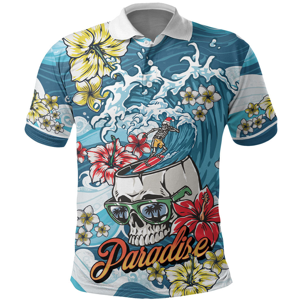 Hawaii Santa Skeleton Surfing Personalized Polo Shirt Mele Kalikimaka i Iulai! LT9 Blue - Polynesian Pride