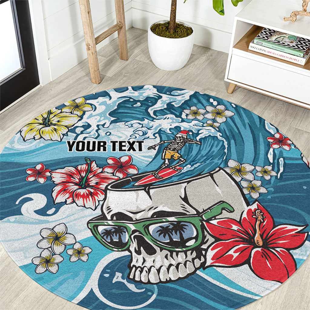 Hawaii Santa Skeleton Surfing Personalized Round Carpet Mele Kalikimaka i Iulai! LT9 Blue - Polynesian Pride
