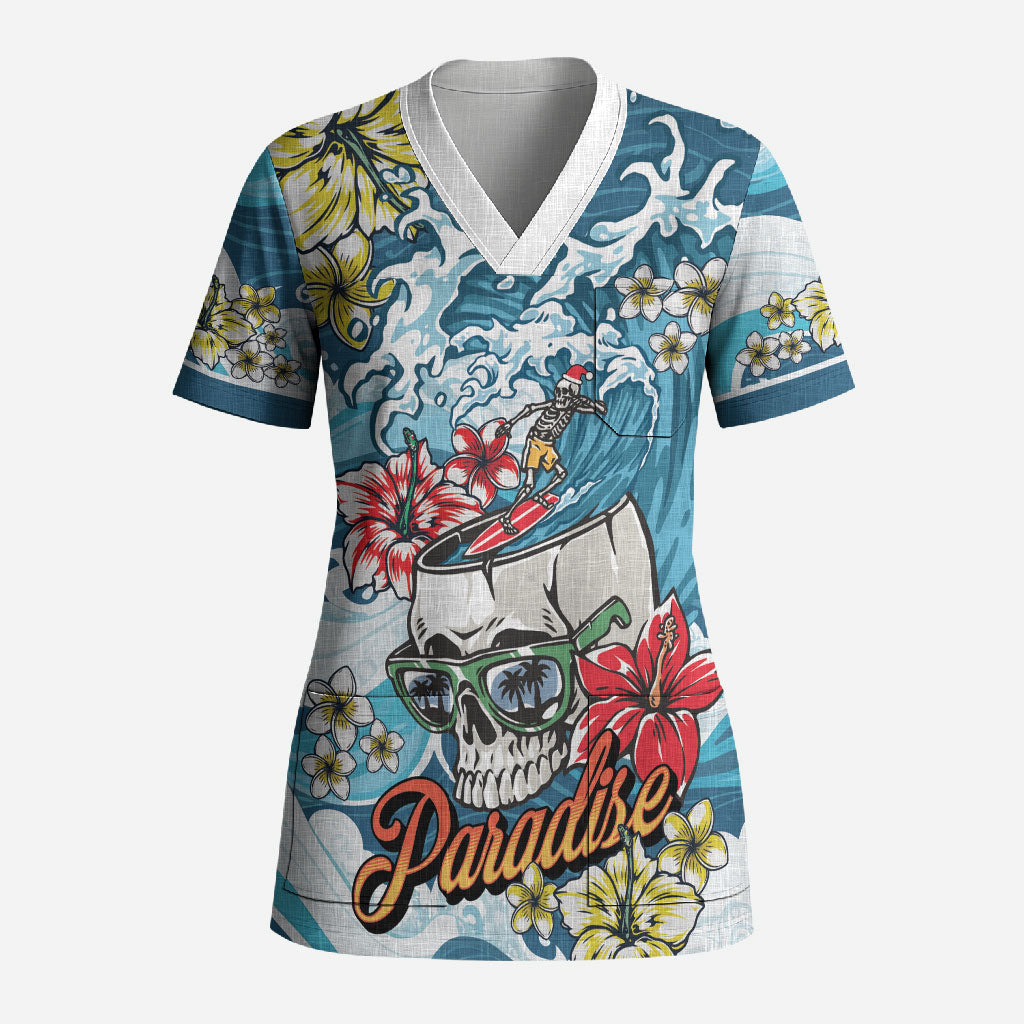 Hawaii Santa Skeleton Surfing Personalized Scrub Top Mele Kalikimaka i Iulai! LT9 Adult Blue - Polynesian Pride