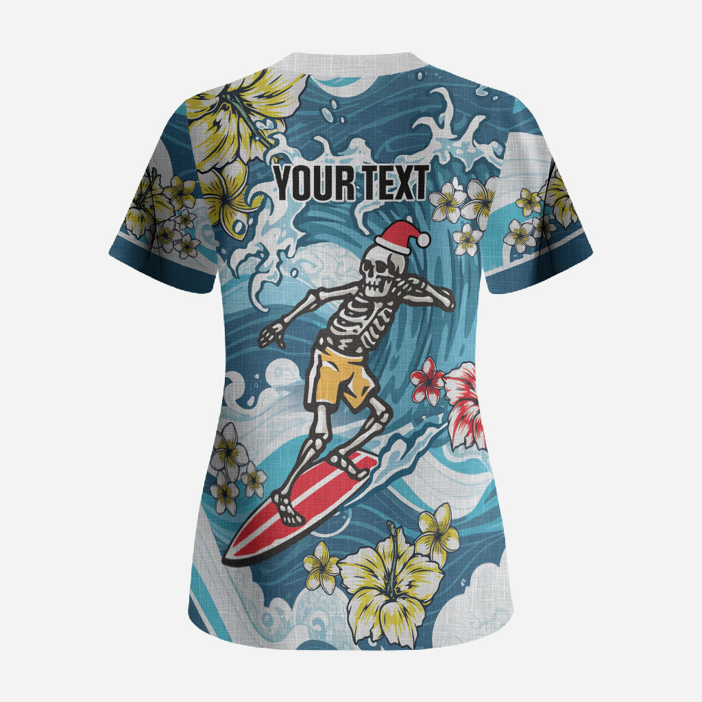 Hawaii Santa Skeleton Surfing Personalized Scrub Top Mele Kalikimaka i Iulai! LT9 - Polynesian Pride